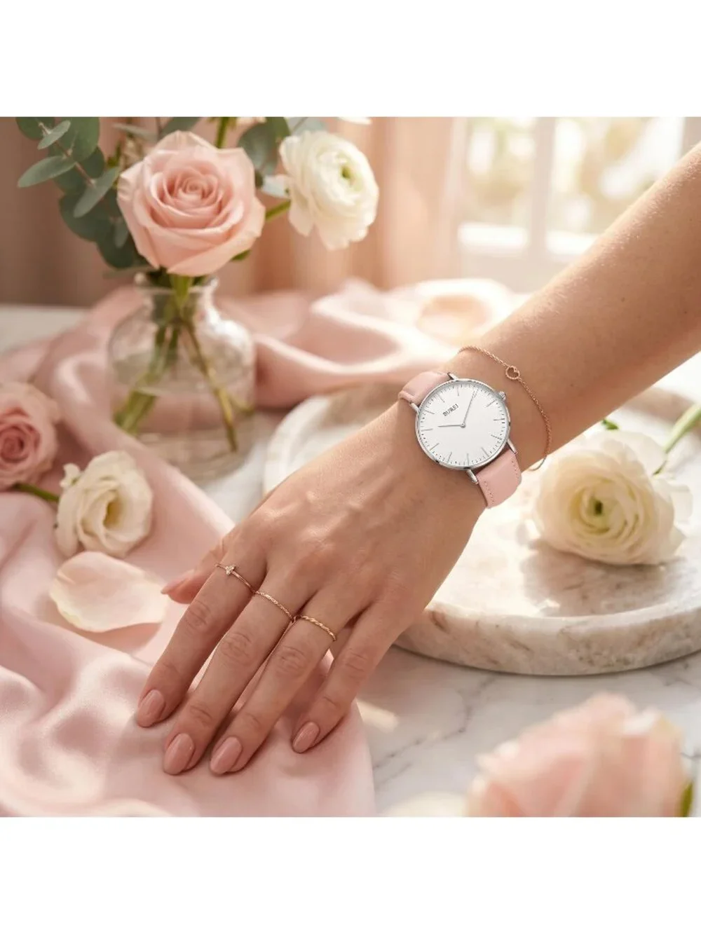 Women's White Silver Pink Minimalist Analog Quartz Waterproof Dress Wrist Watch